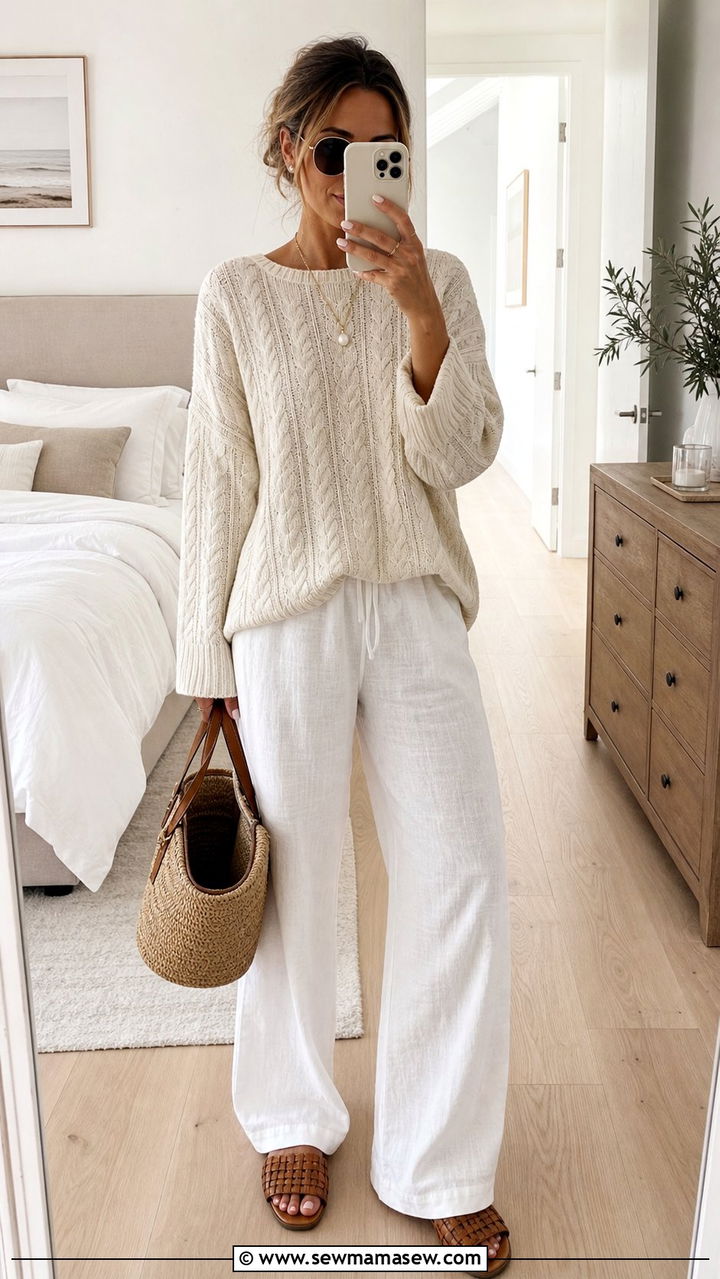 Cream Cable Knit Sweater With White Linen Trousers - 25 spring coastal grandmother outfit ideas