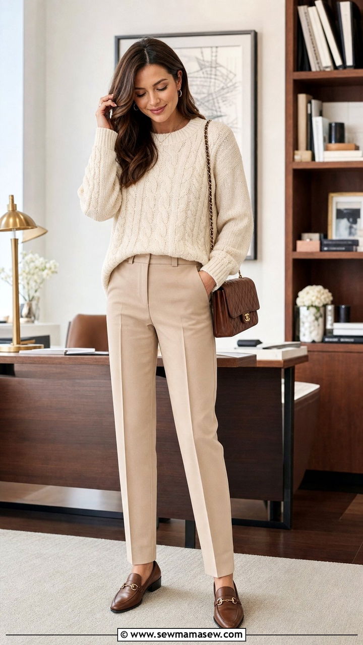Cream Cable Knit Sweater and Beige Straight Leg Trousers Work Outfit - 25 Stealth wealth outfit ideas for work