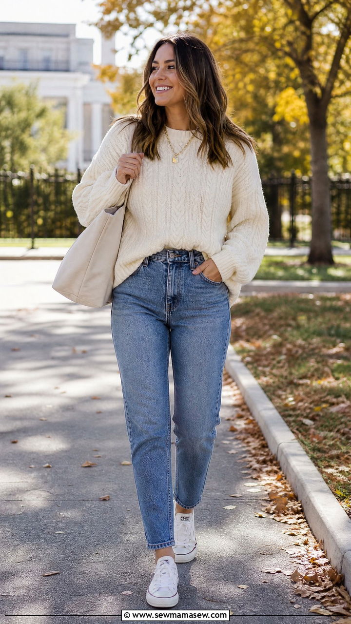 Cream Cable Knit Sweater and Blue Tapered Jeans Outfit - 25 classy clean girl outfit ideas