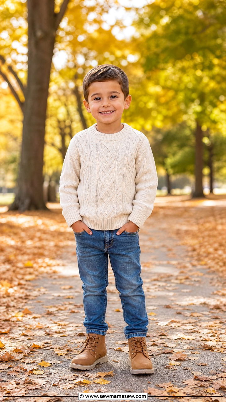 Cream Cable Knit Sweater and Denim Jeans Outfit - 30 Kids family photo outfits