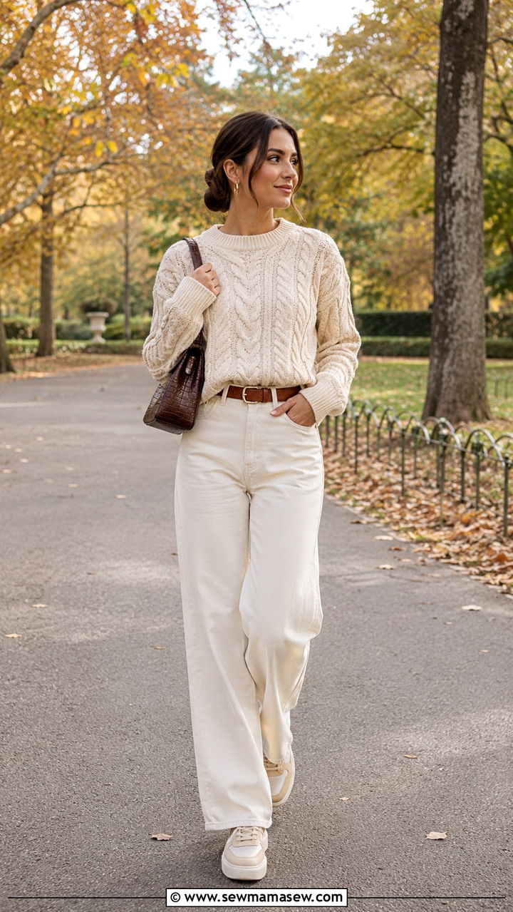 Cream Cable Knit Sweater and Ivory Wide Leg Jeans - 30 Modest outfit ideas clean girl