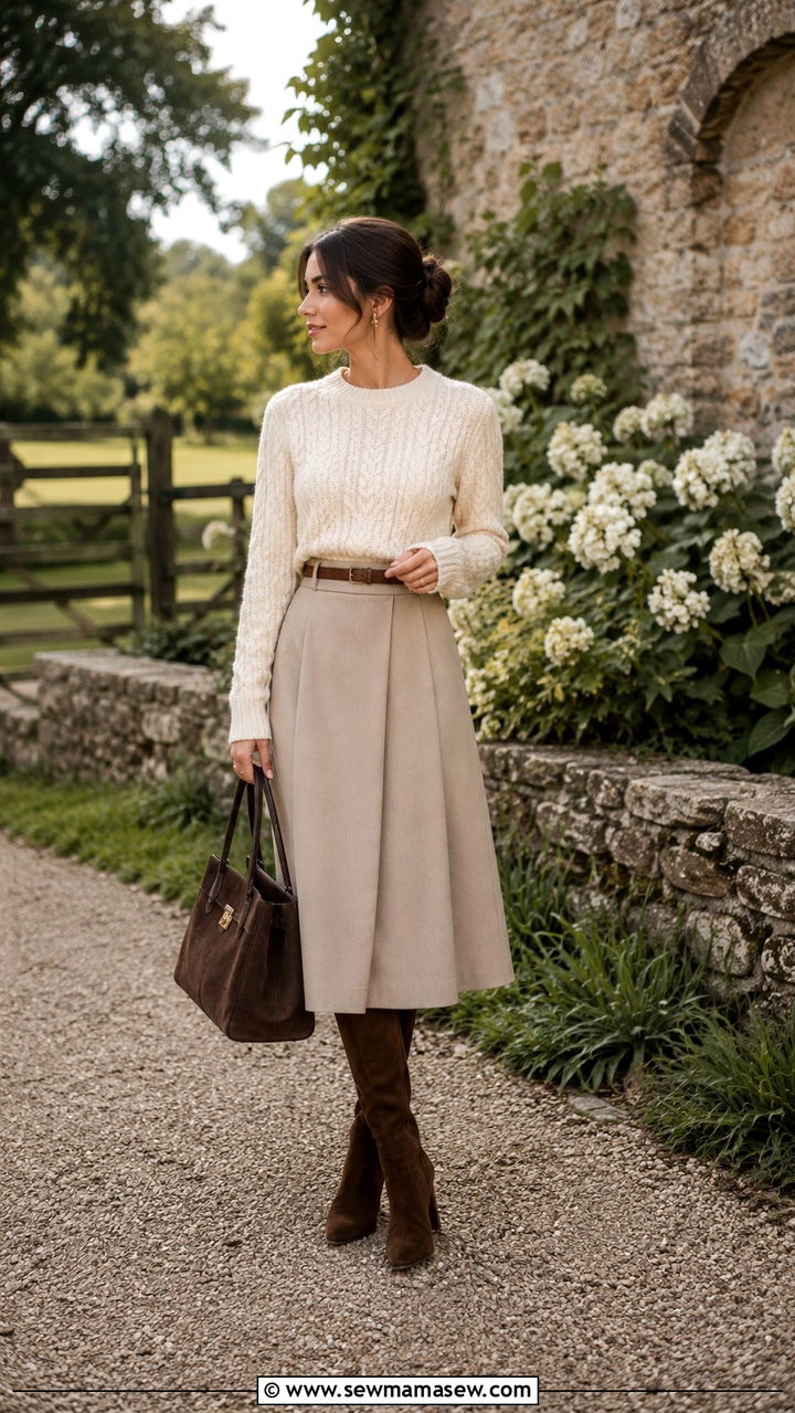 Cream Cable Knit Sweater and Neutral Midi Skirt - 30 Old money outfits for petite women