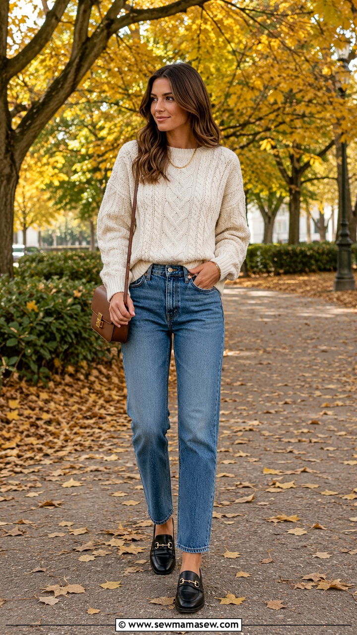 Cream Cable Knit Sweater and Straight Leg Jeans With Gucci Loafers - 25 Old money outfit ideas with Gucci loafers