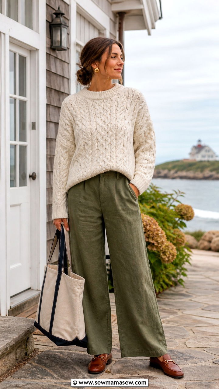 Cream Cable Knit Sweater with Olive Green Linen Pants Outfit - 40 coastal grandmother outfits