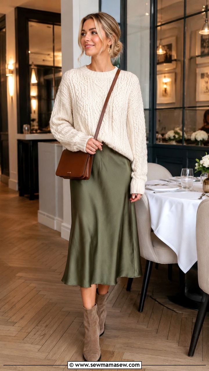 Cream Cable Knit Sweater with Olive Satin Midi Skirt - 30 classy scandinavian outfit ideas