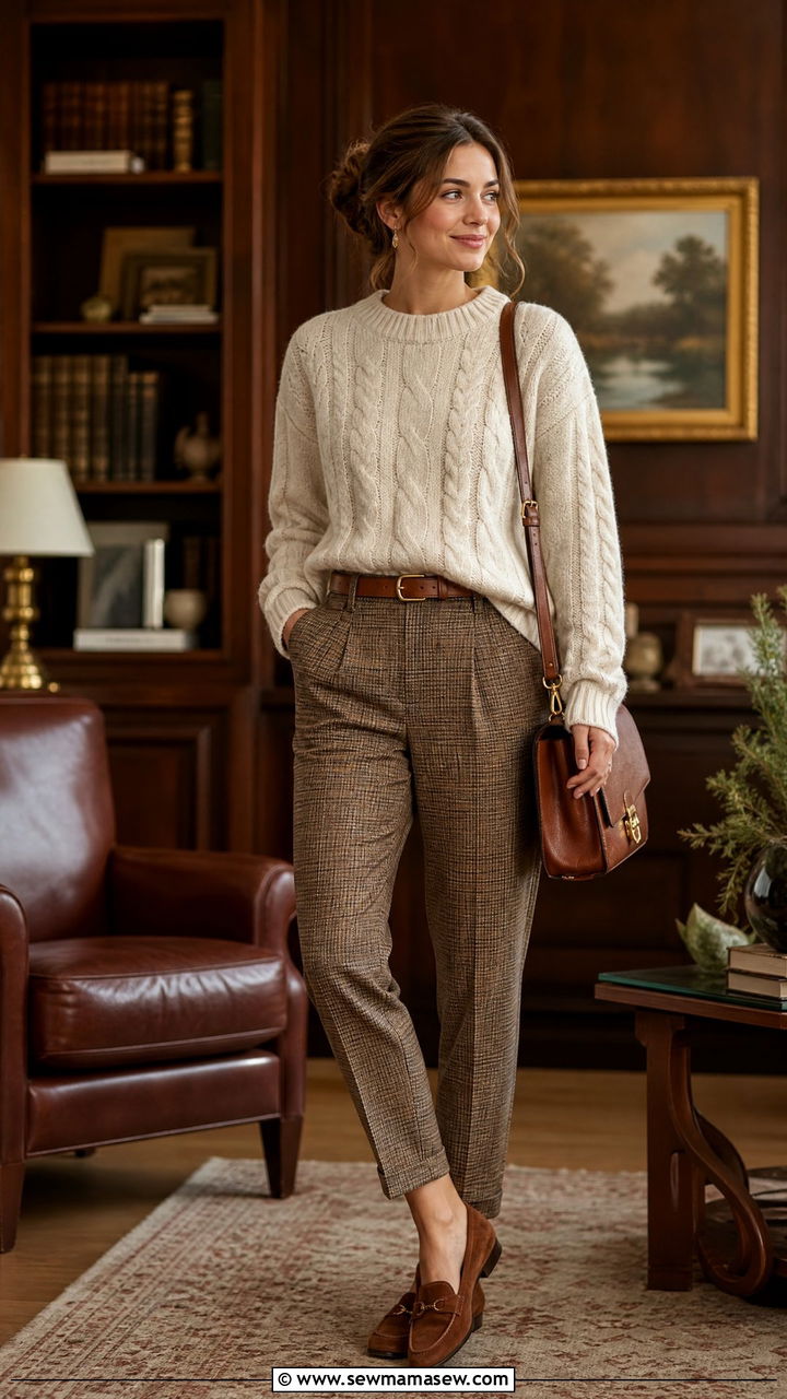 Cream Cable Knit Sweater with Plaid Peg Trousers Outfit - 30 Old money outfit ideas for work