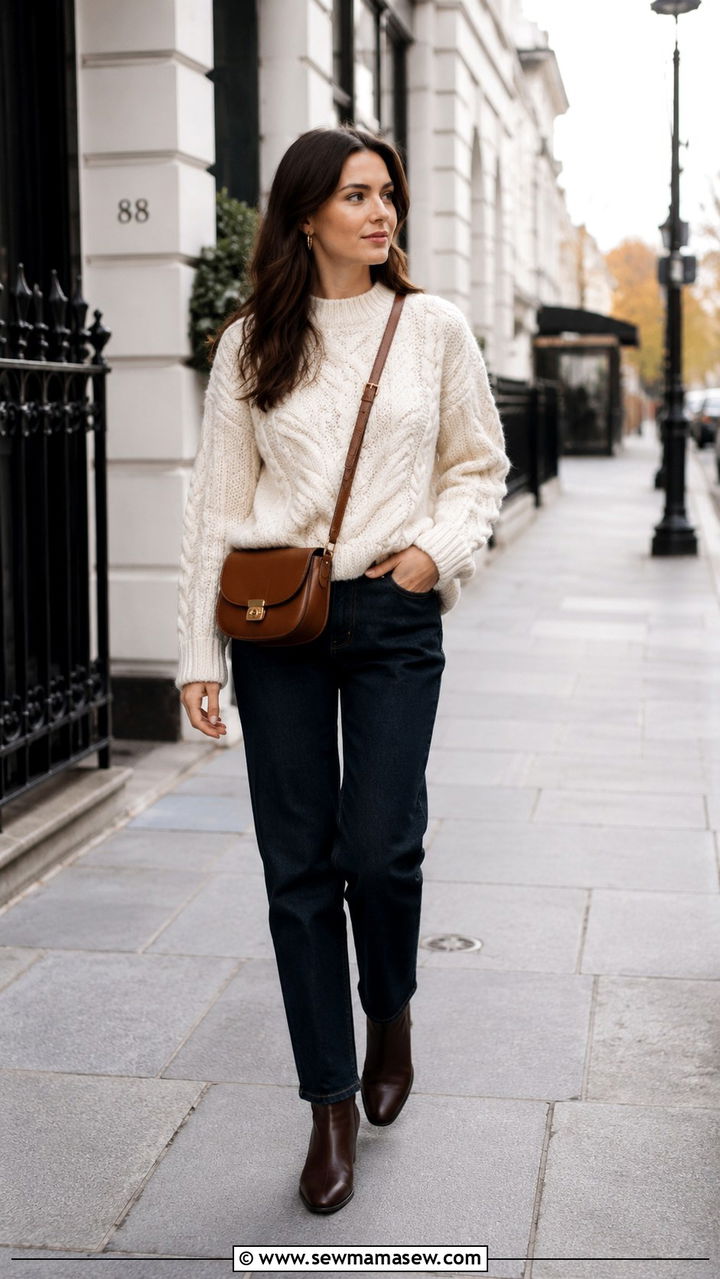 Cream Cable Knit Sweater with Straight Leg Jeans - 25 Old money outfit ideas with cable knit