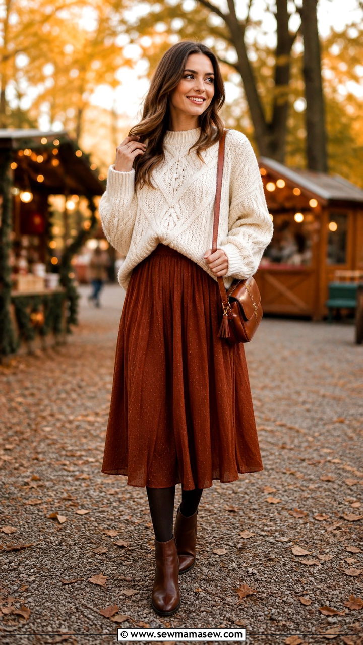 Cream Cable Knit Sweater with a Midi Skirt and Tights - 40 Cream outfit ideas