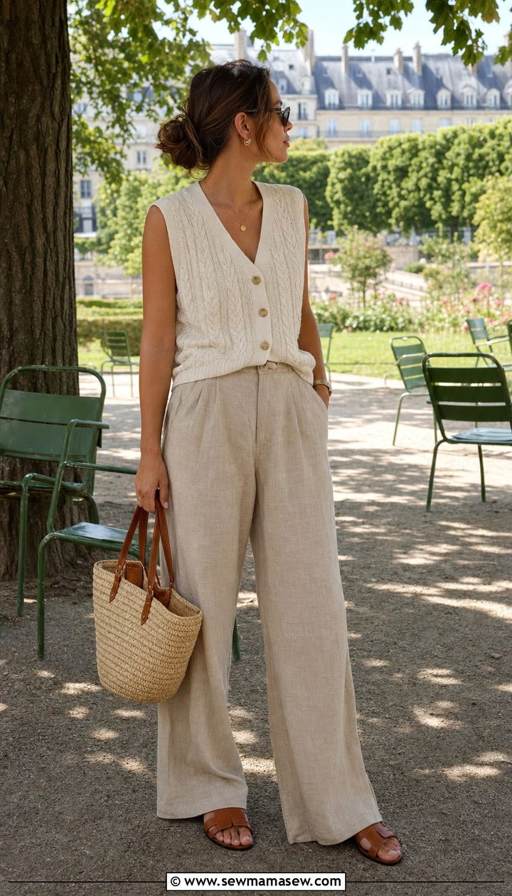 Cream Cable Knit Vest with Linen Trousers and Basket Bag - 25 classy Paris outfits
