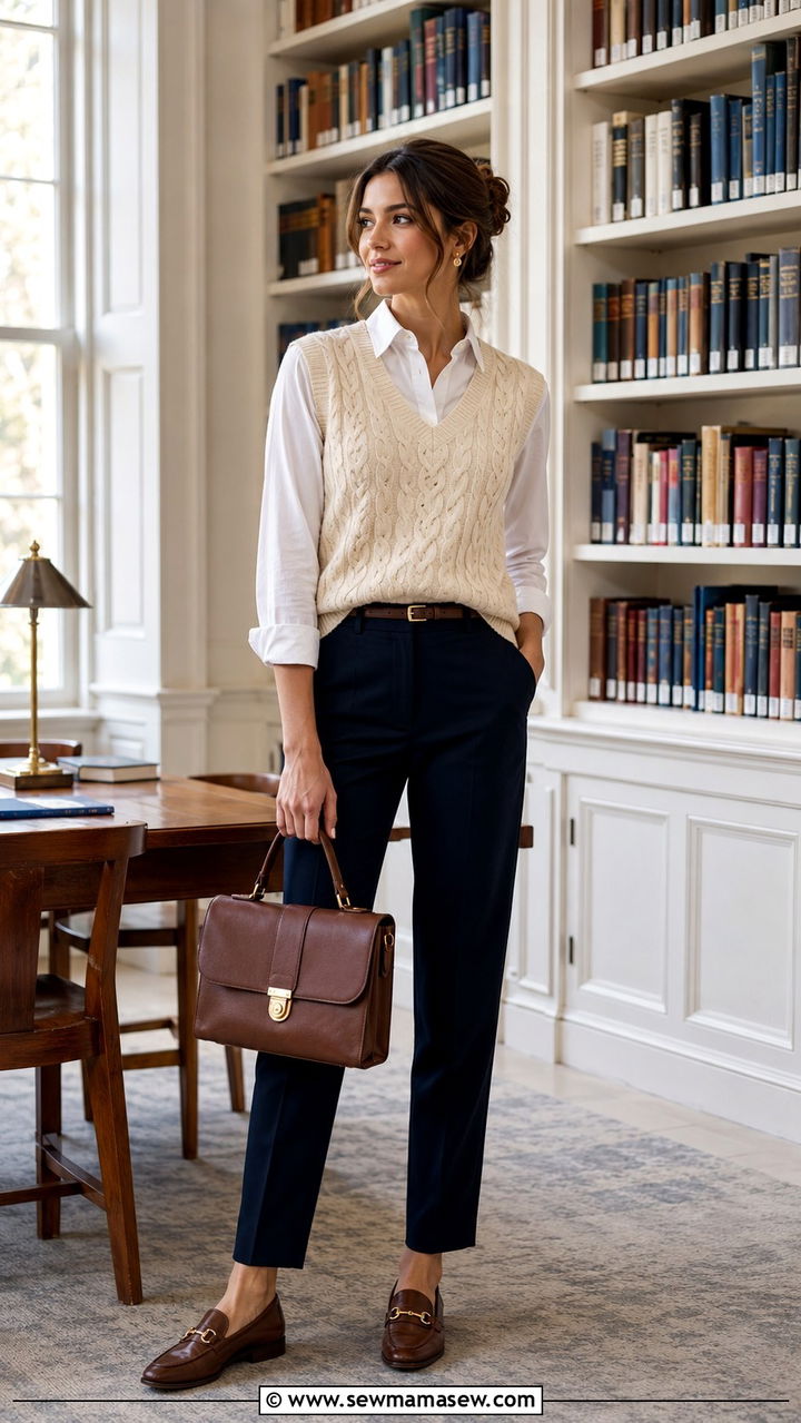 Cream Cable Knit Vest with White Button Down and Dark Trousers - 25 Old money outfit ideas with cable knit