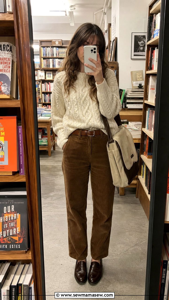 Cream CableKnit Sweater And Brown Corduroy Pants - 25 dark academia capsule wardrobe outfits