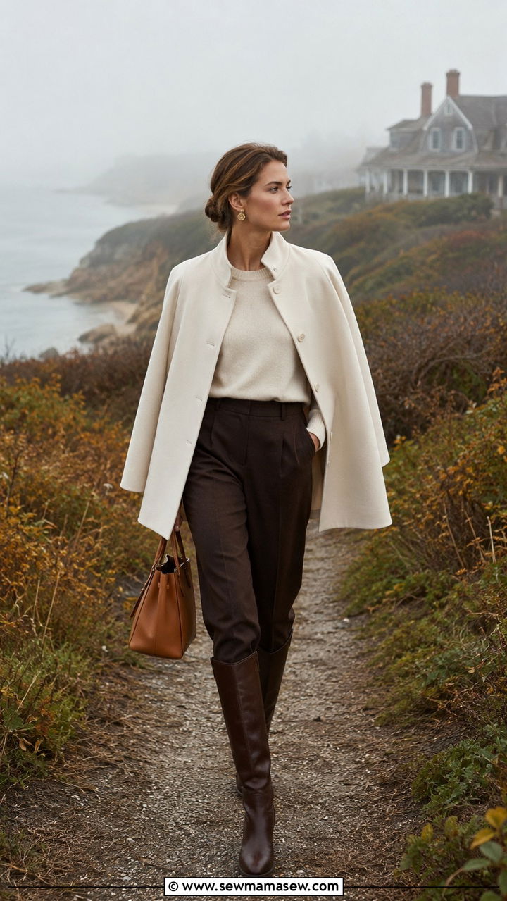 Cream Cape Coat With Chocolate Trousers And Knee Boots - 30 Old money outfit ideas for Nantucket