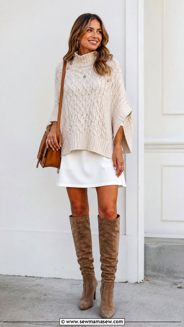 Cream Cape Sweater With Short White Dress - 30 classy outfits aesthetic