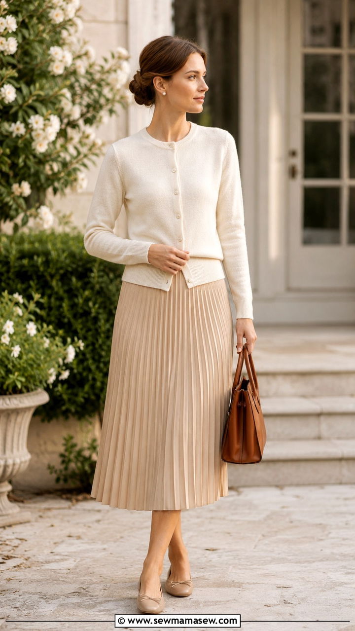 Cream Cardigan And Beige Midi Skirt - 30 classy minimalist outfit ideas