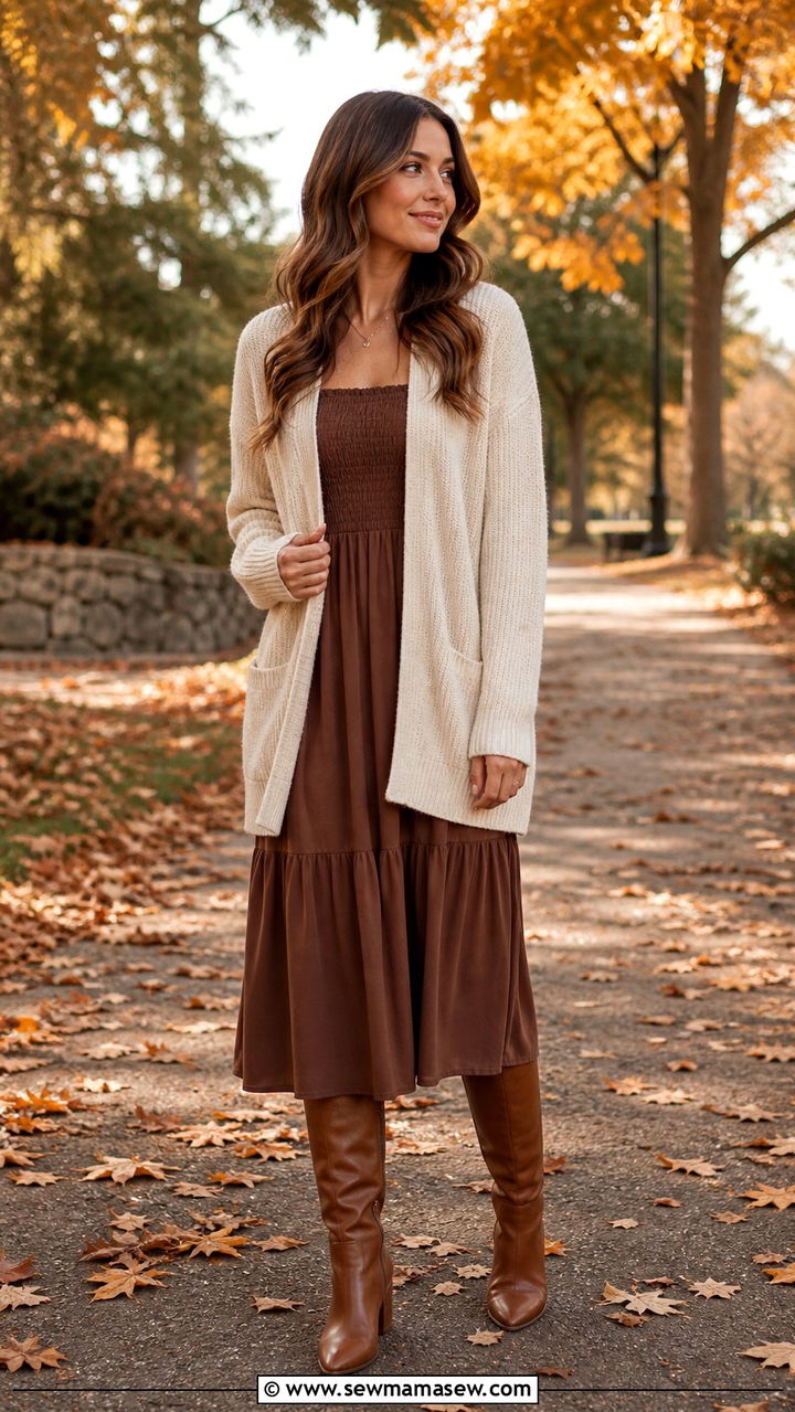 Cream Cardigan Layered Over a Brown Midi Dress with Tall Boots - 40 casual cardigan outfits