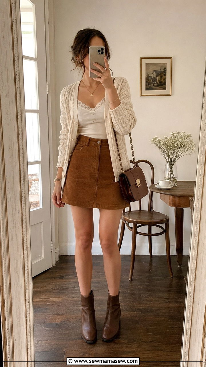 Cream Cardigan Over Lace Camisole With Corduroy A Line Skirt - 30 light academia outfits inspo