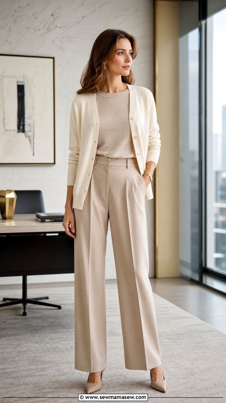 Cream Cardigan With All Beige Tailored Outfit - 25 Business casual outfits with cardigan