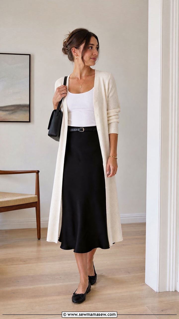Cream Cardigan With Black Midi Skirt and Ballet Flats - 35 Minimalist work outfits