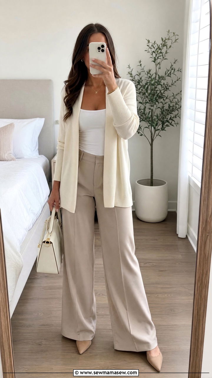 Cream Cardigan and Beige Wide Leg Pants Outfit - 30 minimalist capsule wardrobe outfits