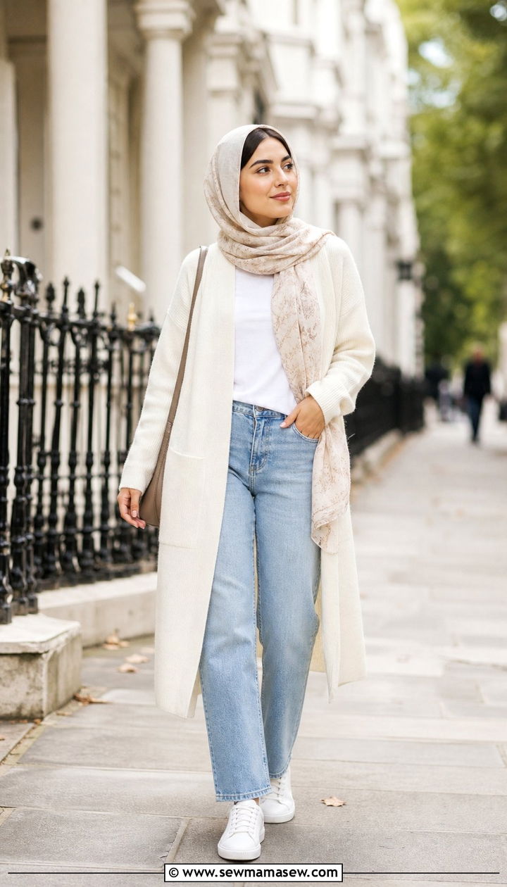 Cream Cardigan and Light Wash Jeans - 25 classy outfits for modest women