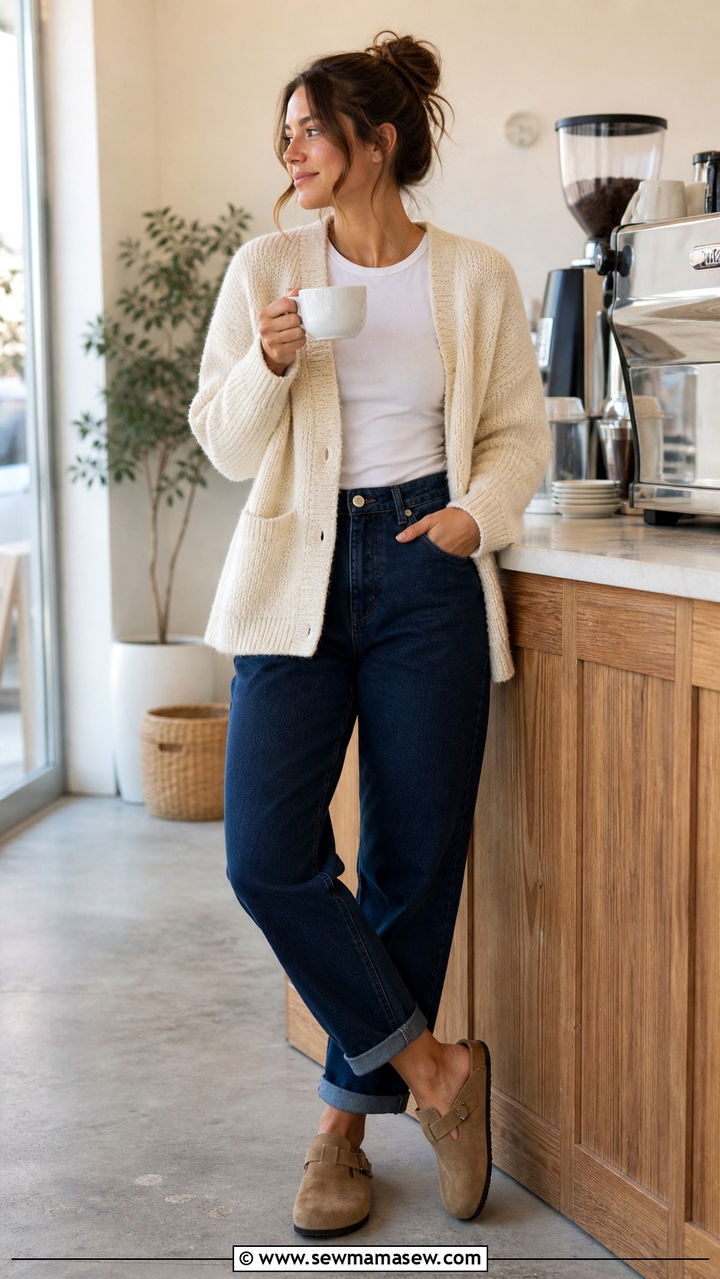 Cream Cardigan and Navy Mom Jeans Barista Outfit - 20 Barista outfit ideas