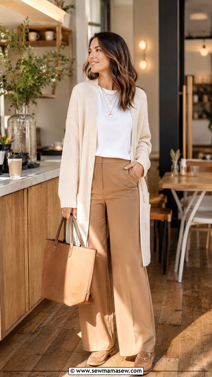 Cream Cardigan with Camel Trousers - 30 Business casual outfits for Mondays