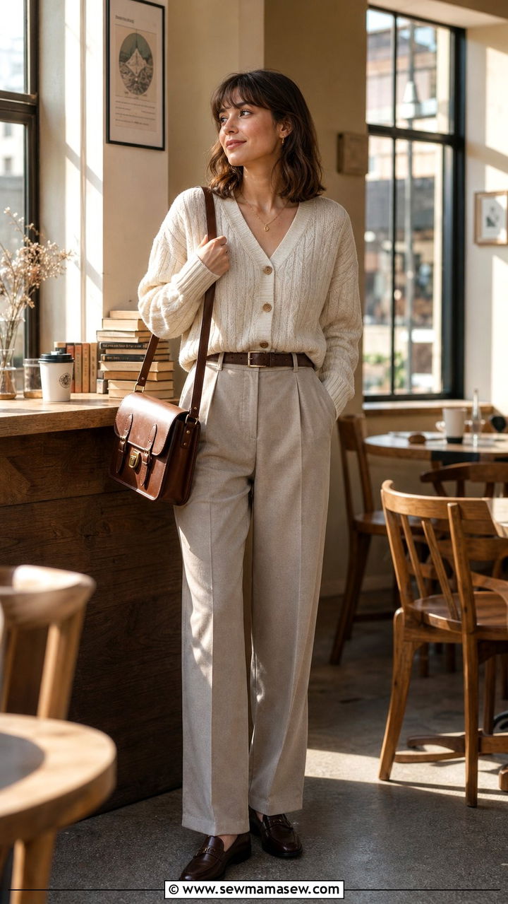 Cream Cardigan with High Waisted Pleated Trousers and Leather Satchel - 25 classy light academia outfits