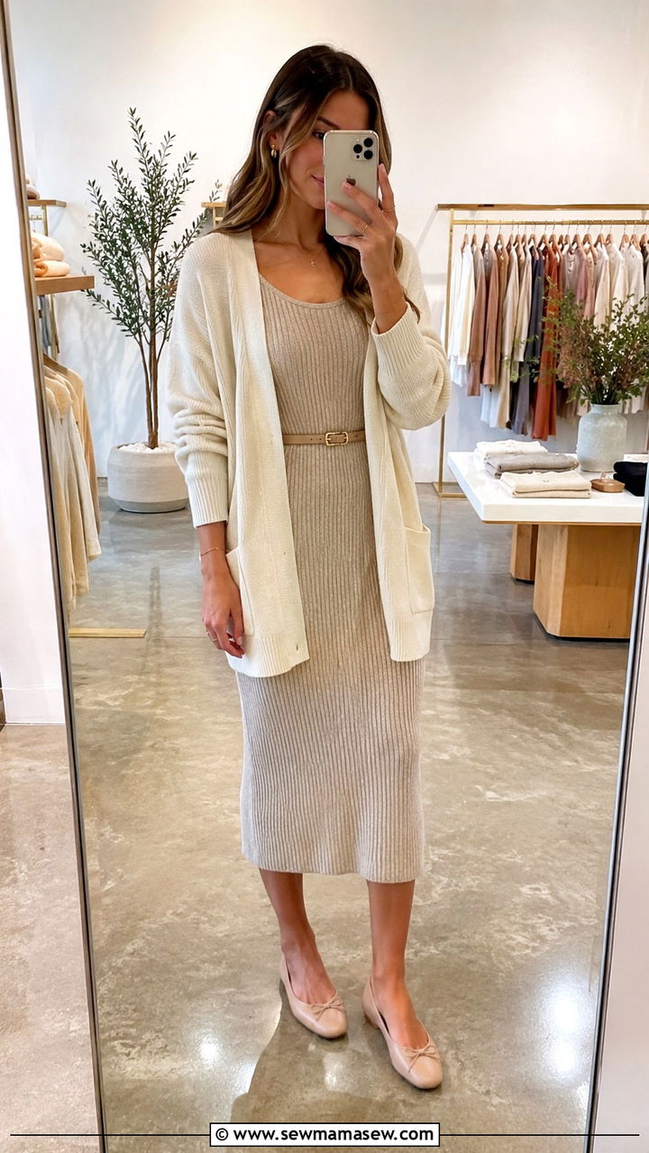 Cream Cardigan with Midi Dress Outfit - 30 Retail work outfit ideas