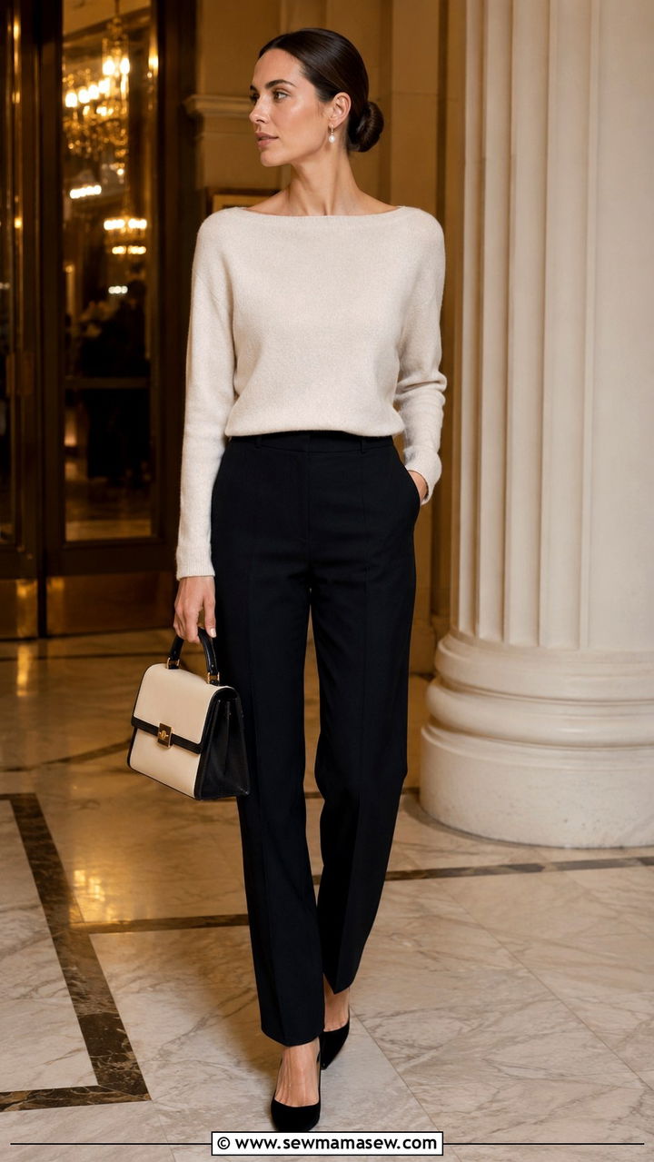 Cream Cashmere Boatneck with Tailored Black Trousers - 25 Old money outfit ideas with cashmere sweater