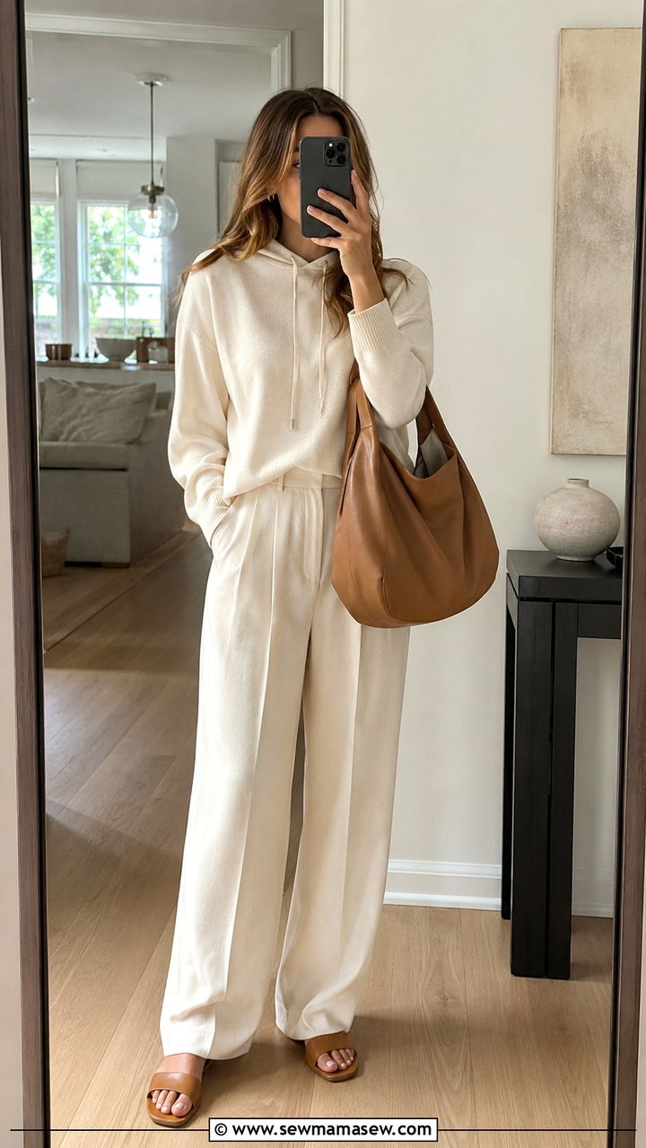 Cream Cashmere Hoodie Outfit with Wide Leg Trousers and Slides - 30 Quiet luxury spring outfits