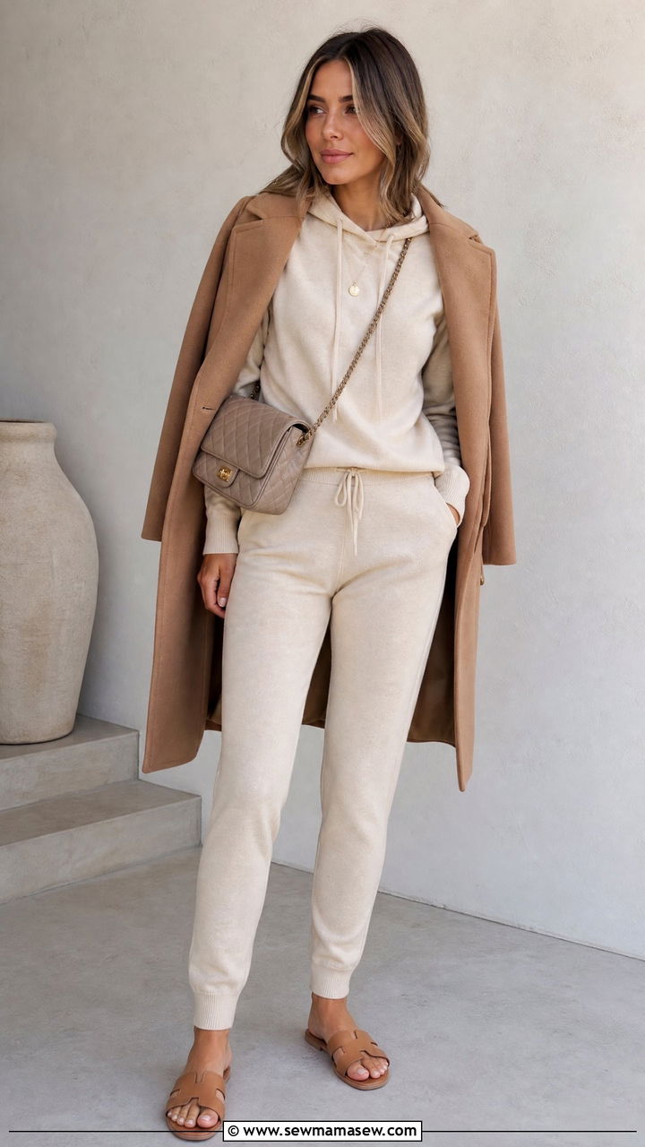 Cream Cashmere Hoodie and Track Pants Outfit - 25 Cream loungewear set outfit ideas