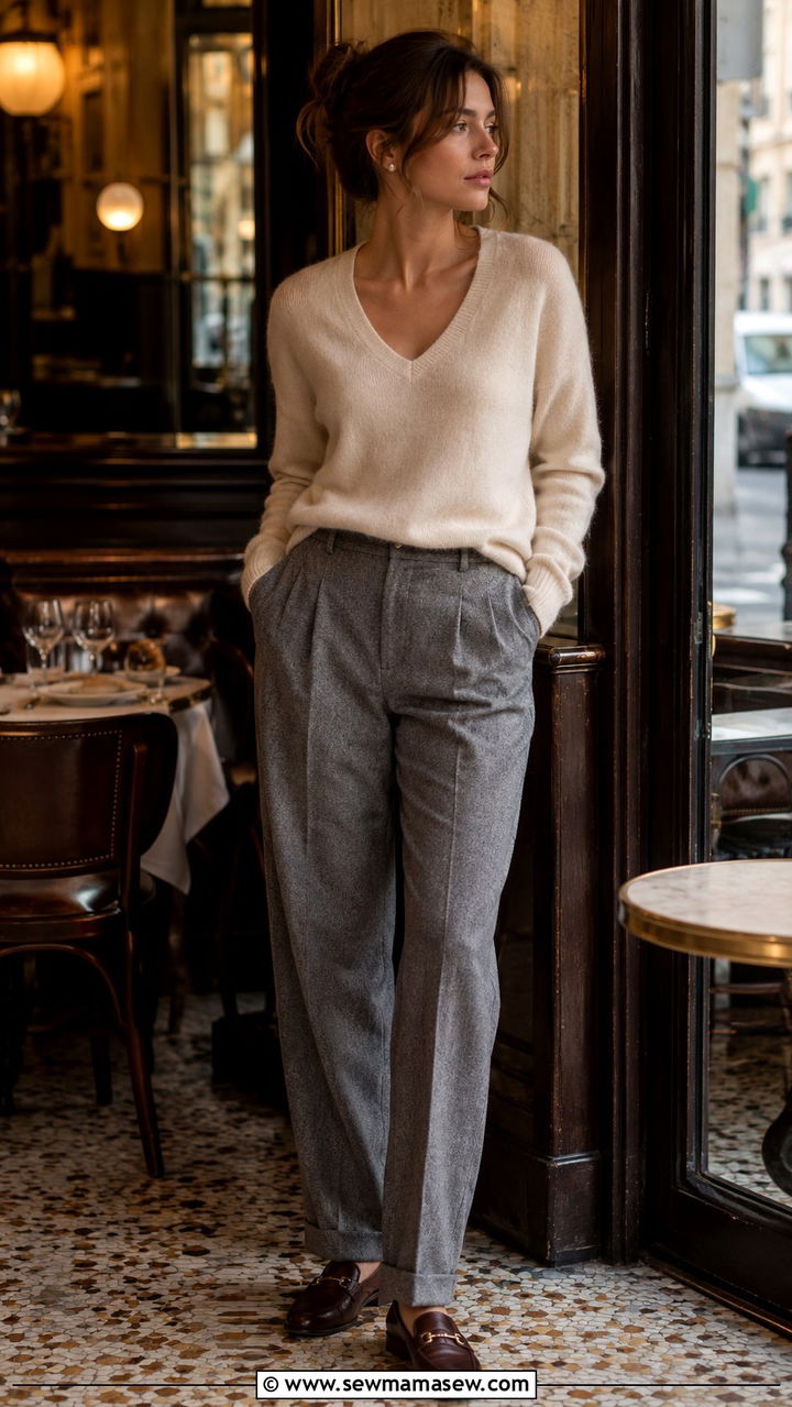 Cream Cashmere Sweater and Grey Flannel Trousers Outfit - 30 casual parisian outfits