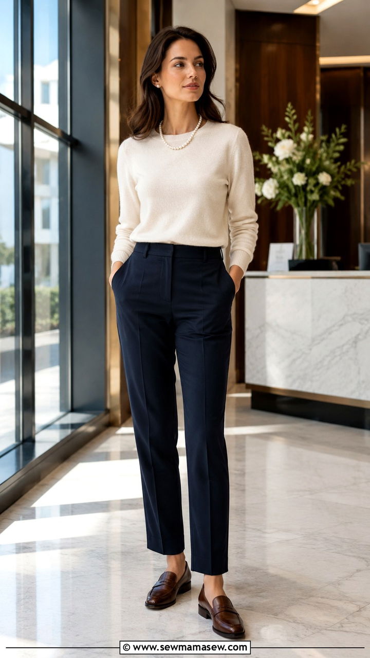 Cream Cashmere Sweater and Tailored Navy Trousers With Pearl Necklace - 25 Old money outfit ideas with pearls necklace
