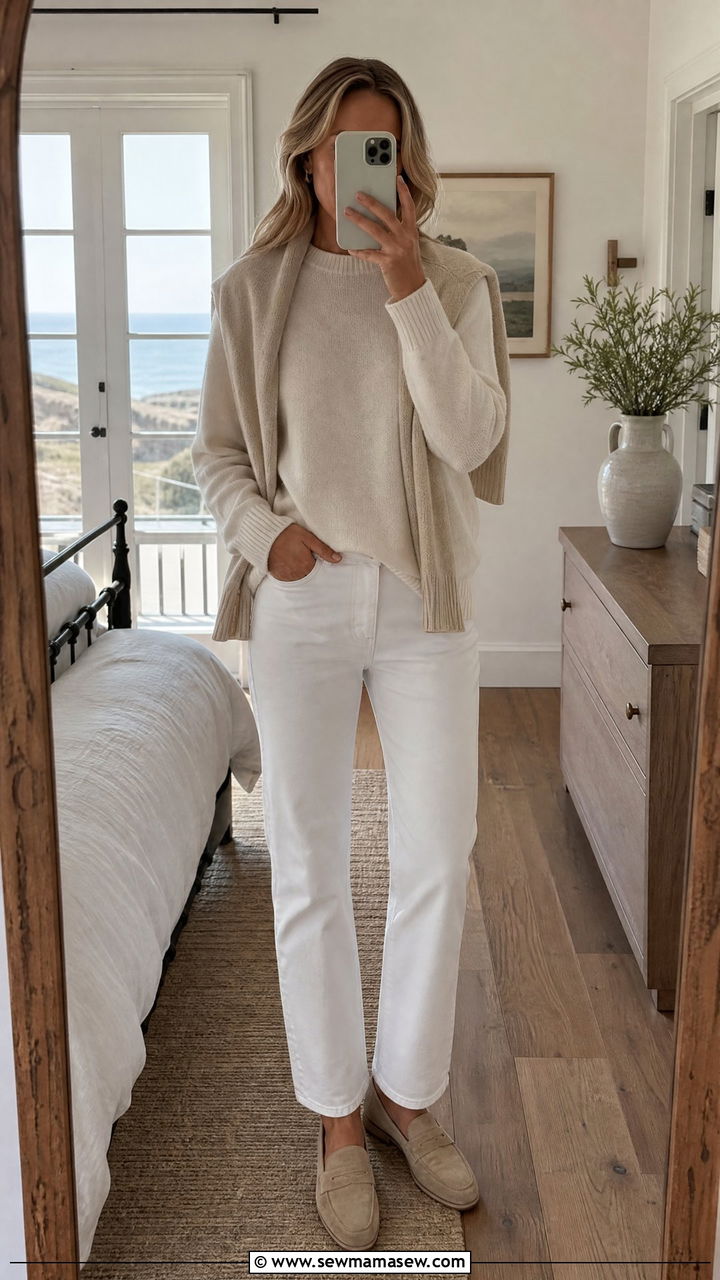 Cream Cashmere Sweater and White Jeans - 25 classy coastal grandmother outfits