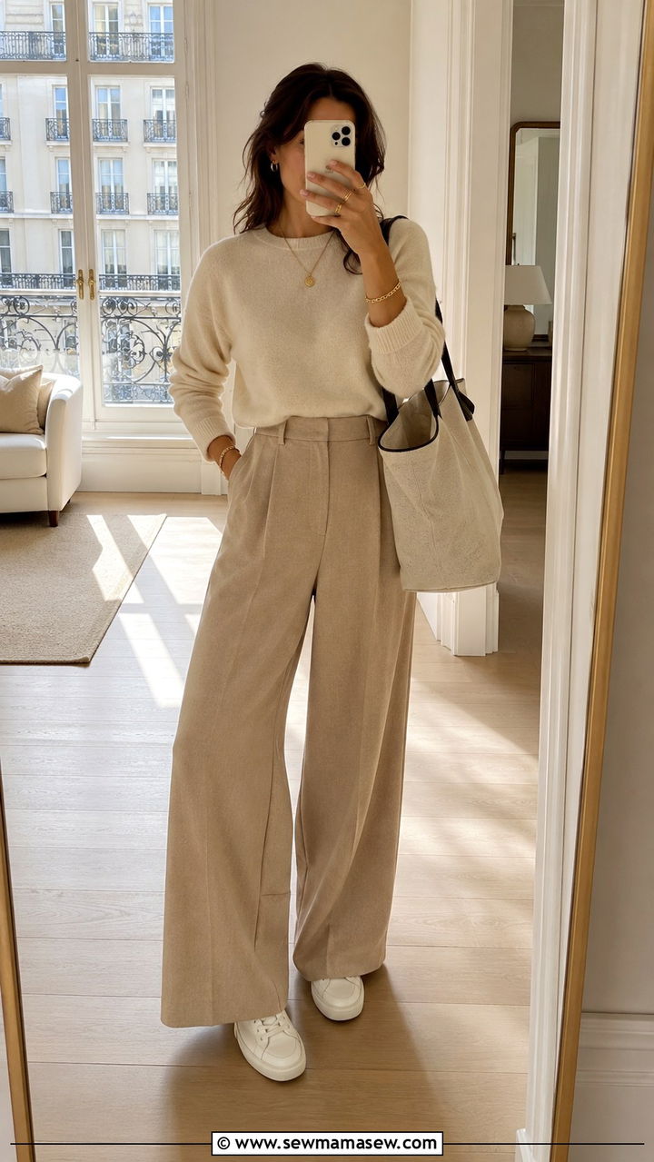 Cream Cashmere Sweater with Beige Wide Leg Trousers - 30 quiet luxury outfits aesthetic
