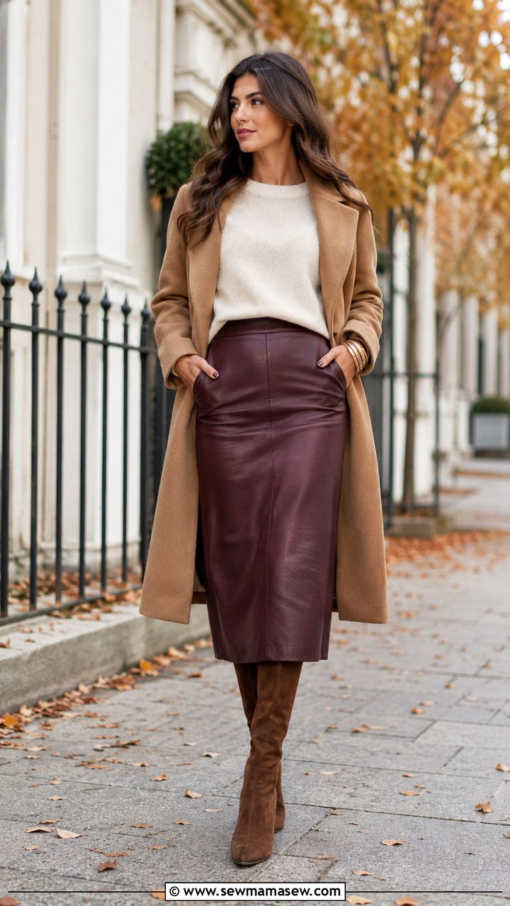 Cream Cashmere Sweater with Burgundy Leather Midi Skirt - 30 Leather skirt outfit ideas with a sweater