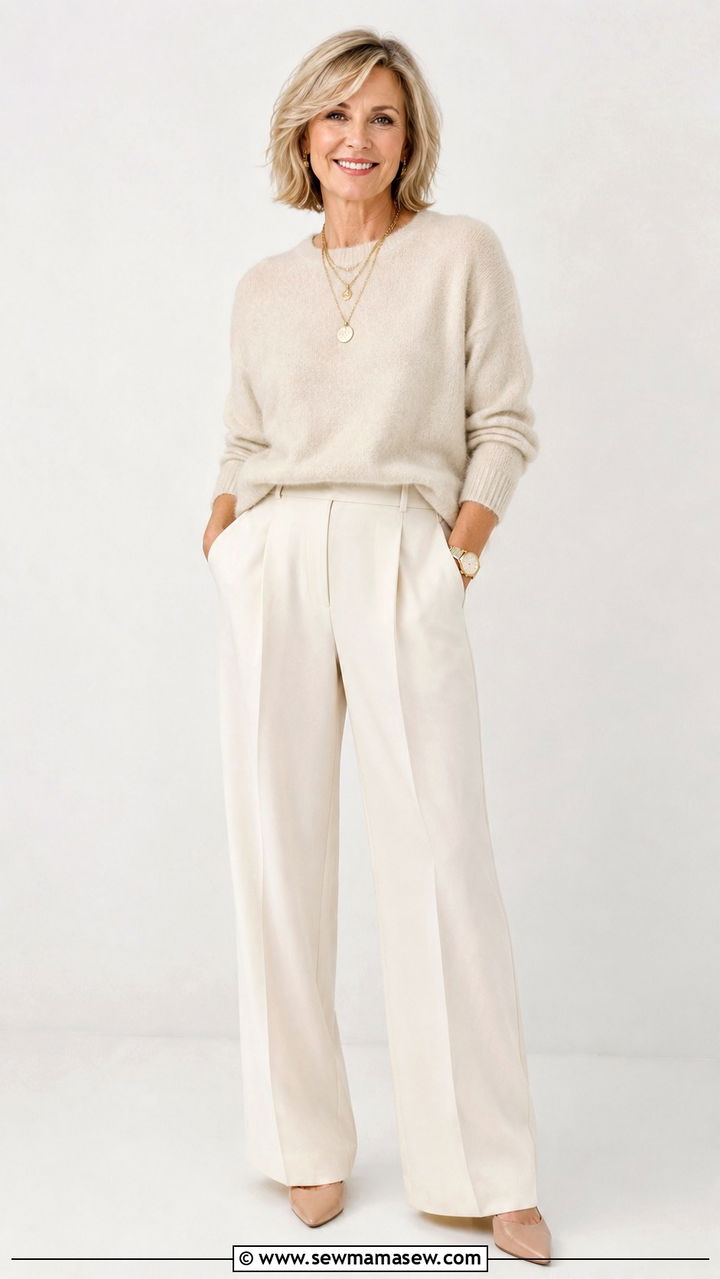 Cream Cashmere Sweater with Ivory Trousers and Gold Accessories - 20 Quiet luxury outfit ideas for women over 50