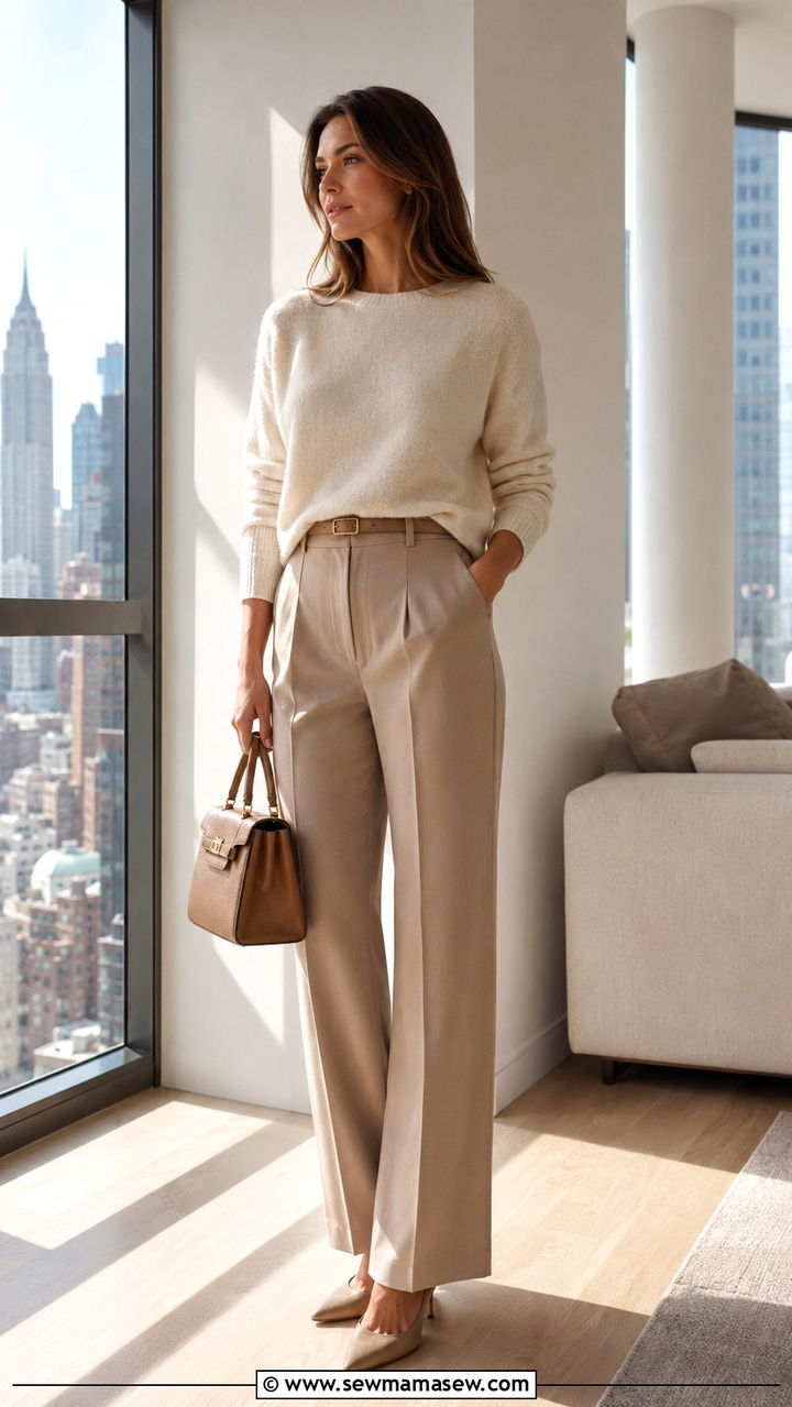 Cream Cashmere Sweater with Tailored Beige Trousers - 20 Quiet luxury outfit ideas Brunello Cucinelli style