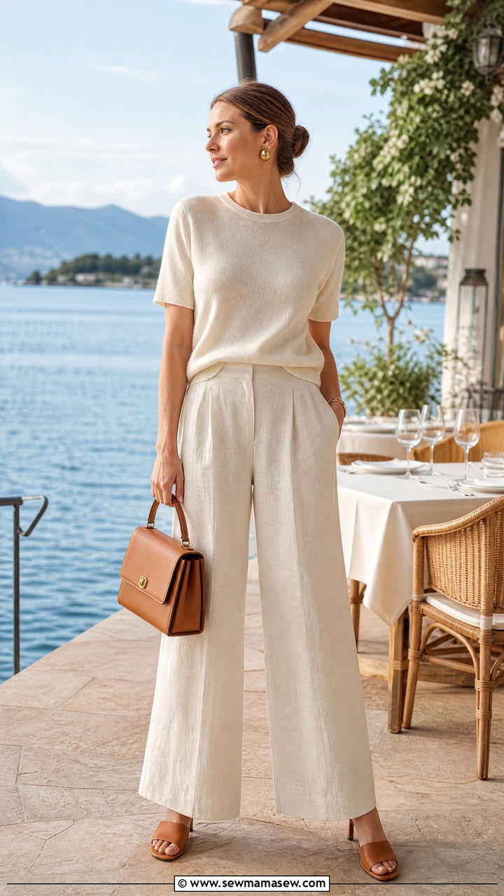 Cream Cashmere Tee with Wide Leg Linen Trousers - 30 Coastal grandmother summer outfits