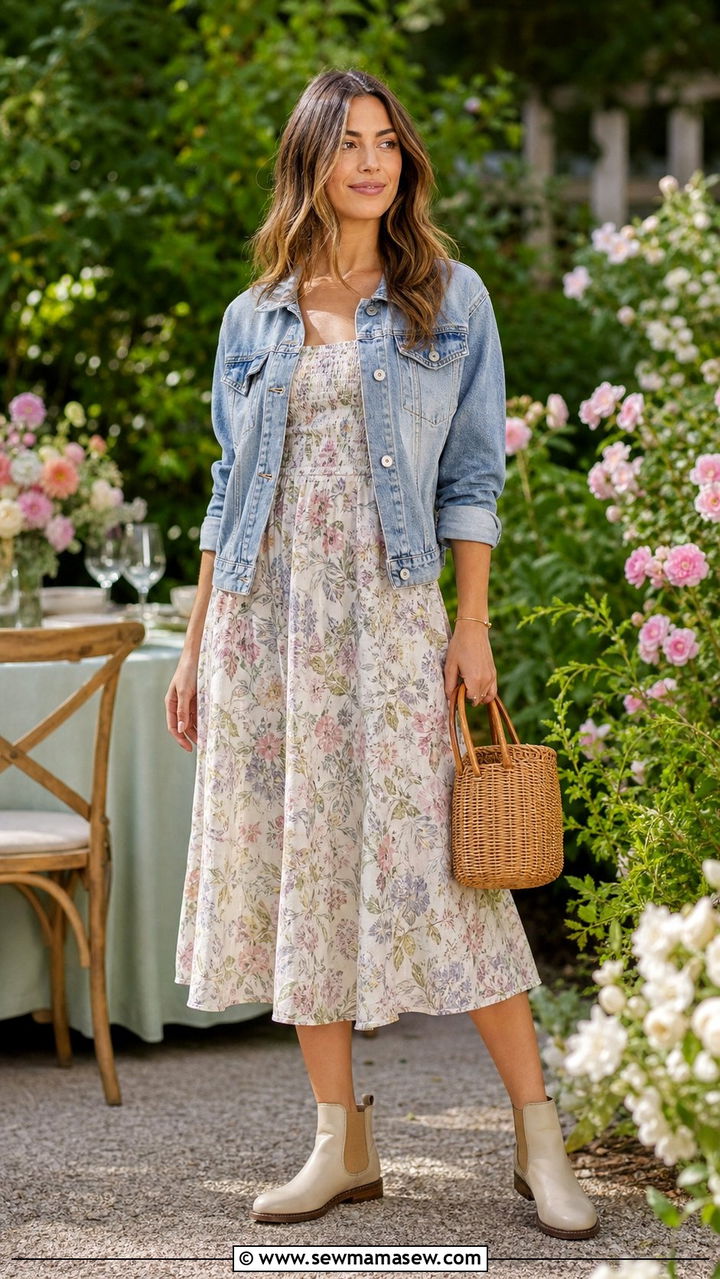 Cream Chelsea Boots With Floral Midi Dress - 25 Summer outfits with chelsea boots