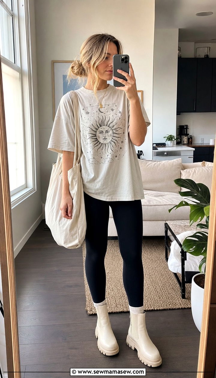 Cream Chelsea Boots With Leggings And Oversized Tee - 25 Summer outfits with chelsea boots