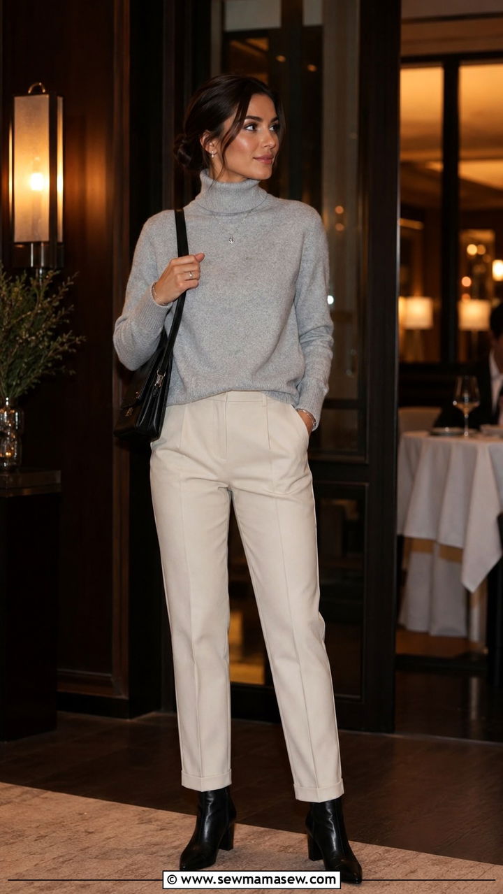 Cream Chinos With Grey Cashmere Turtleneck and Ankle Boots - 25 Old money outfit ideas with chinos