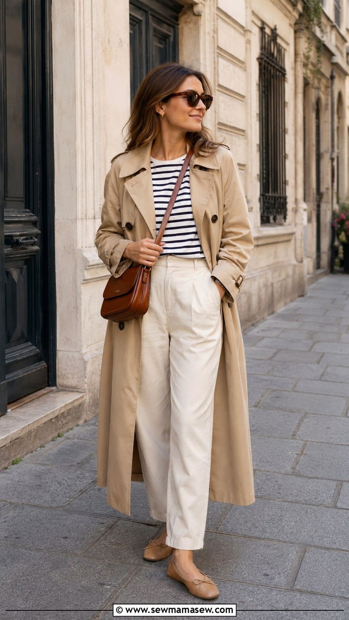 Cream Chinos With Striped Breton Top and Trench Coat - 25 Old money outfit ideas with chinos