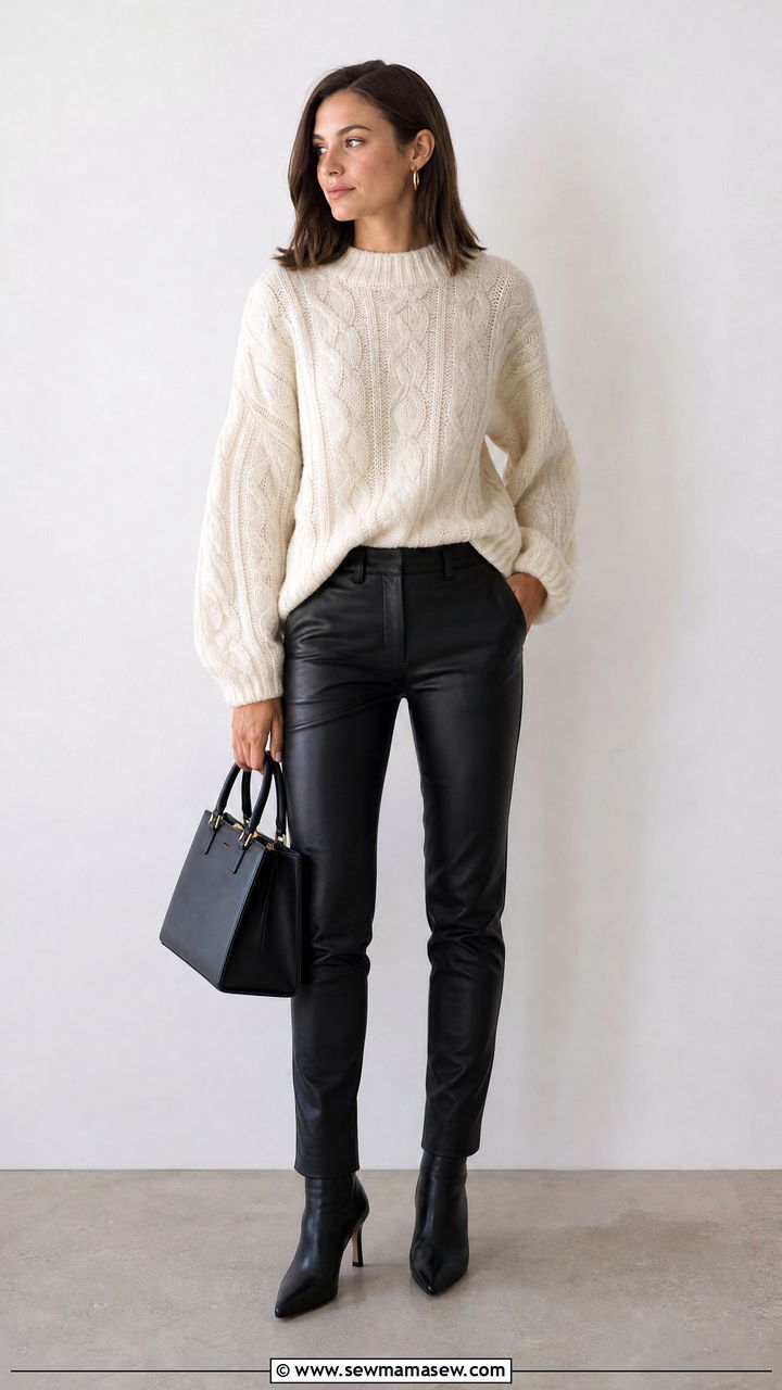 Cream Chunky Knit and Black Leather Trousers Work Outfit - 35 Minimalist work outfit ideas
