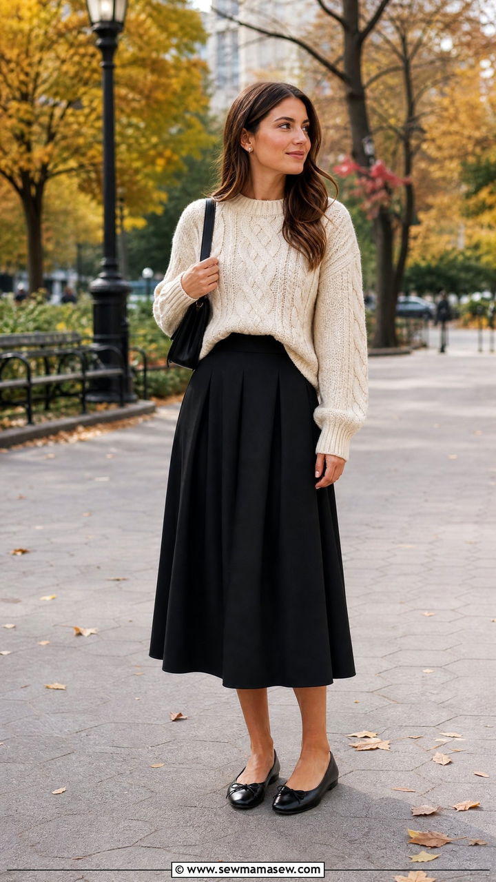 Cream Chunky Sweater with Black Midi Skirt and Ballet Flats - 25 classy clean girl outfits
