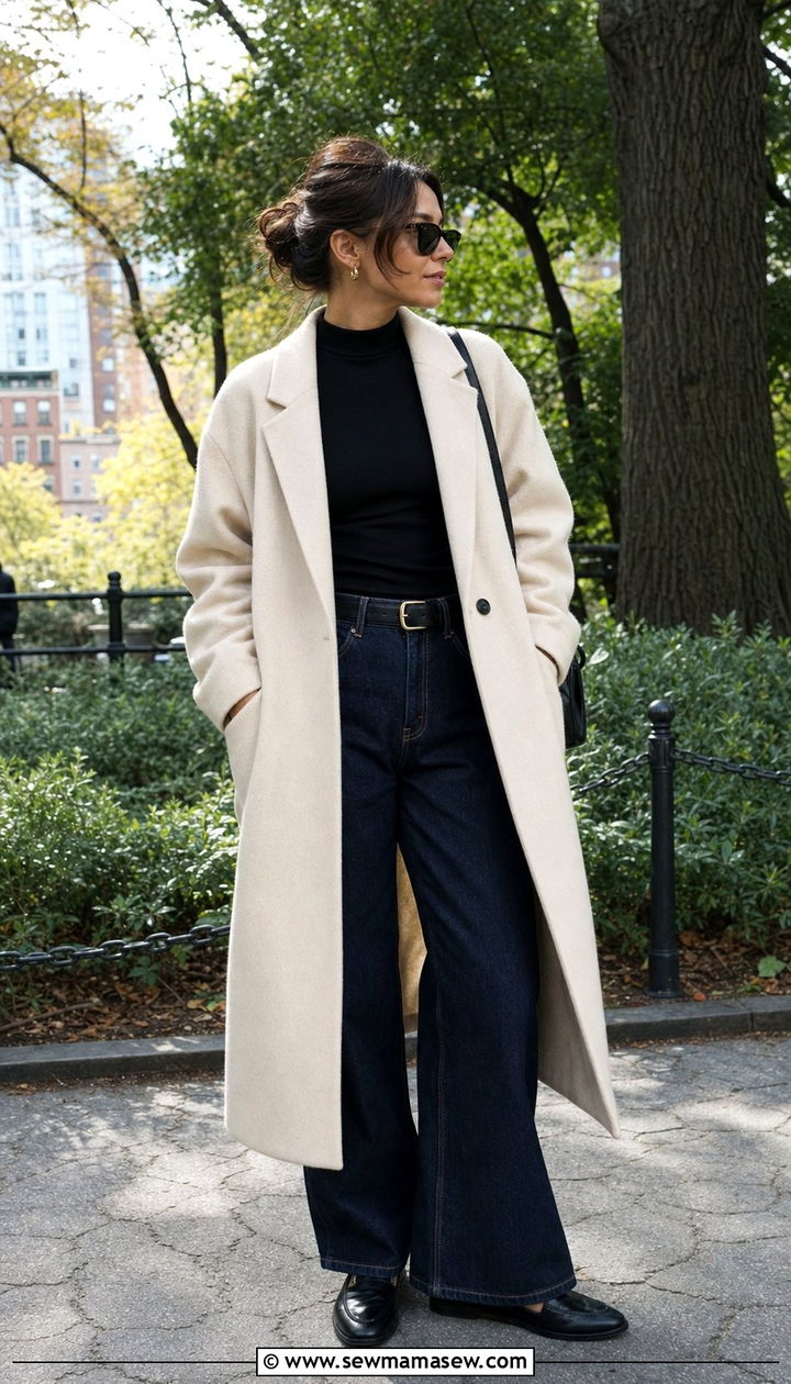 Cream Coat With Black Mock Neck Top and Dark Denim - 25 cute quiet luxury outfits