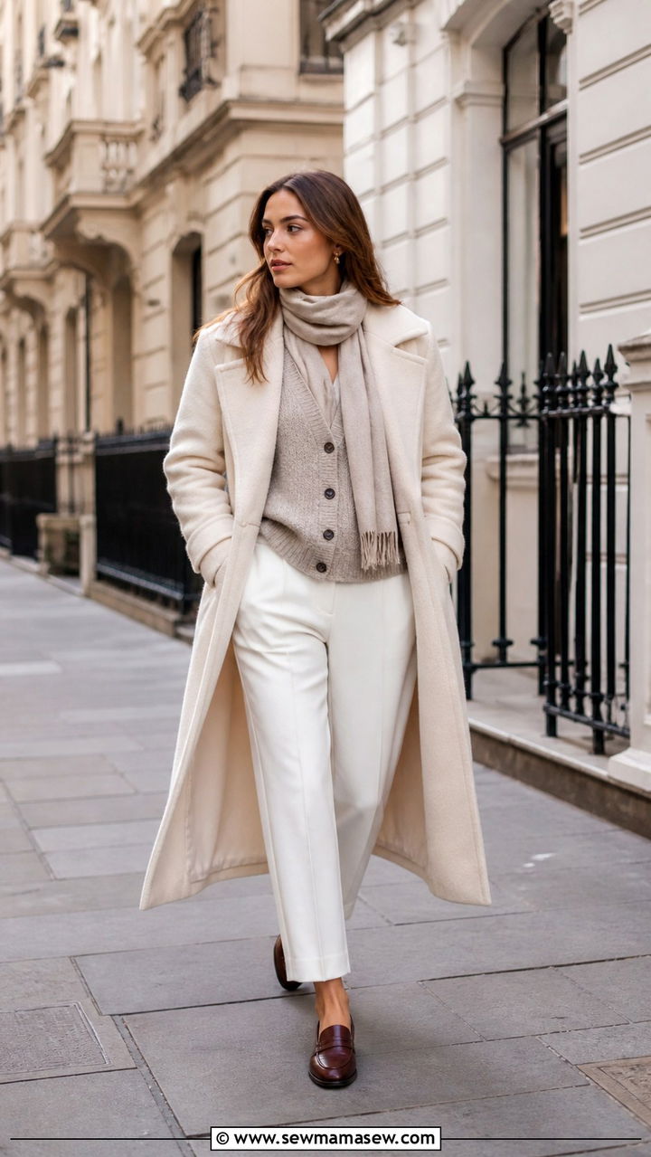 Cream Coat With Oatmeal Cardigan And White Trousers - 40 light academia outfits for women