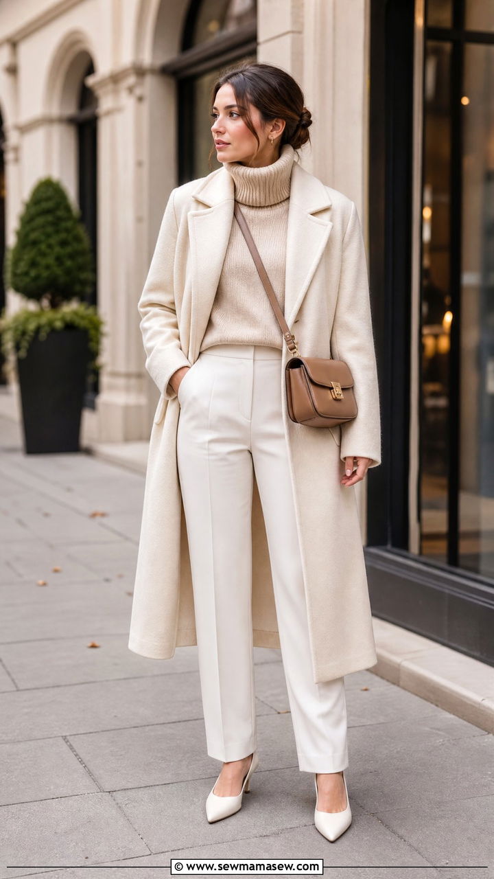Cream Coat and Beige Sweater Outfit - 25 Quiet luxury outfit ideas petite
