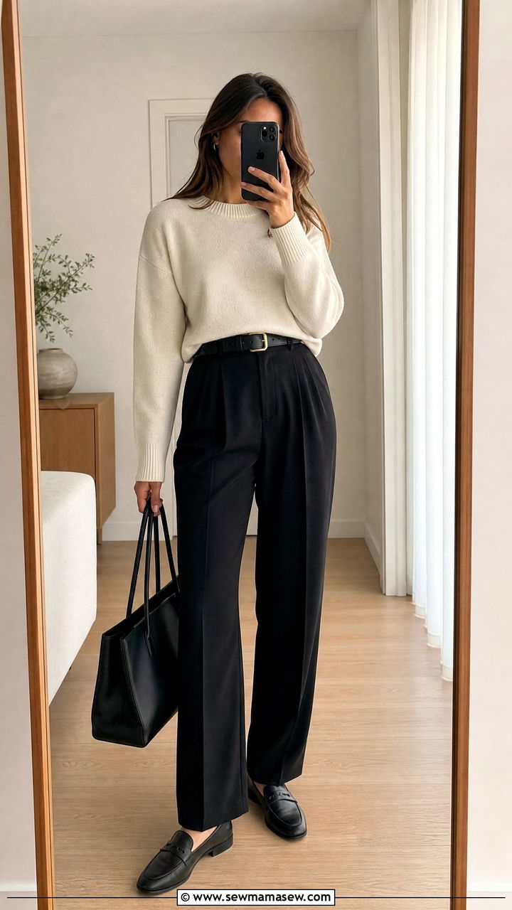 Cream Crewneck Sweater With Black Tailored Trousers - 35 Minimalist work outfits
