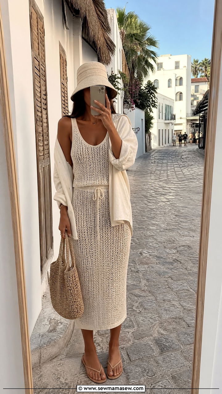 Cream Crochet Set Outfit - 30 summer monochrome outfit ideas